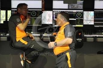 World © Octane Photographic Ltd. Formula 1 – Singapore Grand Prix - Marina Bay, Singapore. Saturday 1st October 2022. Practice 3. McLaren F1 Team Chief Executive Officer – Zak Brown and Team Principal – Andreas Seidl.