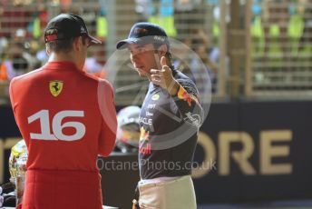 World © Octane Photographic Ltd. Formula 1 – Singapore Grand Prix - Marina Bay, Singapore. Saturday 1st October 2022. Qualifying. Oracle Red Bull Racing RB18 – Sergio Perez chats with Scuderia Ferrari F1-75 - Charles Leclerc.