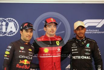 World © Octane Photographic Ltd. Formula 1 – Singapore Grand Prix - Marina Bay, Singapore. Saturday 1st October 2022. Qualifying. Scuderia Ferrari F1-75 - Charles Leclerc finishes on pole followed by Oracle Red Bull Racing RB18 – Sergio Perez and Mercedes-AMG Petronas F1 Team F1 W13 - Lewis Hamilton.