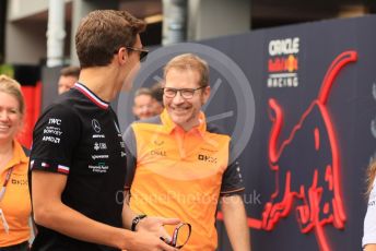 World © Octane Photographic Ltd. Formula 1 – Singapore Grand Prix - Marina Bay, Singapore. Saturday 1st October 2022. Paddock. Mercedes-AMG Petronas F1 Team F1 W13 - George Russell and McLaren F1 Team Principal – Andreas Seidl.