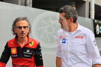 World © Octane Photographic Ltd. Formula 1 – Singapore Grand Prix - Marina Bay, Singapore. Saturday 1st October 2022. Paddock. Scuderia Ferrari Team Racing Director and head of track area - Laurent Mekies and Haas F1 Team principal, Guenther Steiner.