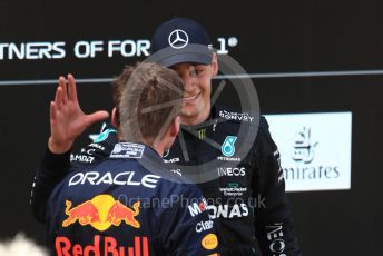World © Octane Photographic Ltd. Formula 1 – Spanish Grand Prix - Circuit de Barcelona-Catalunya. Sunday 22nd May 2022 Parc Ferme. Oracle Red Bull Racing RB18 – Max Verstappen and Mercedes-AMG Petronas F1 Team F1 W13 - George Russell.