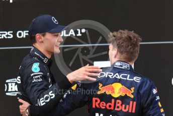 World © Octane Photographic Ltd. Formula 1 – Spanish Grand Prix - Circuit de Barcelona-Catalunya. Sunday 22nd May 2022 Parc Ferme. Oracle Red Bull Racing RB18 – Max Verstappen and Mercedes-AMG Petronas F1 Team F1 W13 - George Russell.