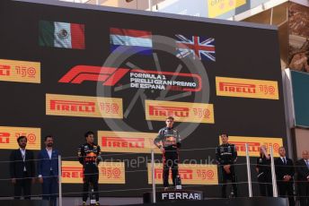 World © Octane Photographic Ltd. Formula 1 – Spanish Grand Prix - Circuit de Barcelona-Catalunya. Sunday 22nd May 2022 Podium. Oracle Red Bull Racing RB18 – Max Verstappen and Sergio Perez with Mercedes-AMG Petronas F1 Team F1 W13 - George Russell.