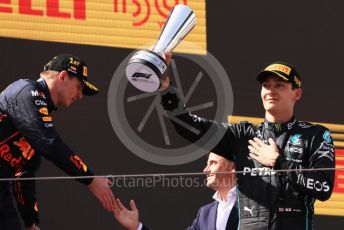 World © Octane Photographic Ltd. Formula 1 – Spanish Grand Prix - Circuit de Barcelona-Catalunya. Sunday 22nd May 2022 Podium. Oracle Red Bull Racing RB18 – Max Verstappen and Mercedes-AMG Petronas F1 Team F1 W13 - George Russell.