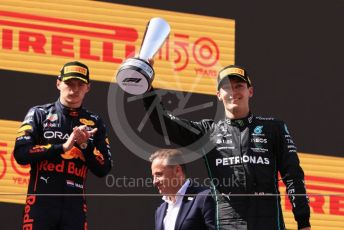 World © Octane Photographic Ltd. Formula 1 – Spanish Grand Prix - Circuit de Barcelona-Catalunya. Sunday 22nd May 2022 Podium. Oracle Red Bull Racing RB18 – Max Verstappen and Mercedes-AMG Petronas F1 Team F1 W13 - George Russell.