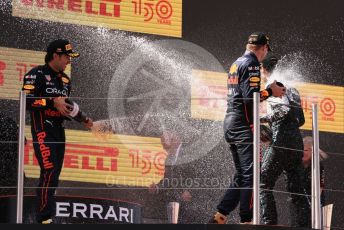 World © Octane Photographic Ltd. Formula 1 – Spanish Grand Prix - Circuit de Barcelona-Catalunya. Sunday 22nd May 2022 Podium. Oracle Red Bull Racing RB18 – Max Verstappen and Sergio Perez with Mercedes-AMG Petronas F1 Team F1 W13 - George Russell.