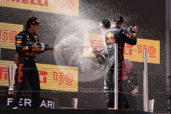 World © Octane Photographic Ltd. Formula 1 – Spanish Grand Prix - Circuit de Barcelona-Catalunya. Sunday 22nd May 2022 Podium. Oracle Red Bull Racing RB18 – Max Verstappen and Sergio Perez with Mercedes-AMG Petronas F1 Team F1 W13 - George Russell.