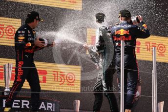 World © Octane Photographic Ltd. Formula 1 – Spanish Grand Prix - Circuit de Barcelona-Catalunya. Sunday 22nd May 2022 Podium. Oracle Red Bull Racing RB18 – Max Verstappen and Sergio Perez with Mercedes-AMG Petronas F1 Team F1 W13 - George Russell.