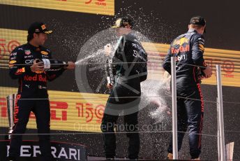 World © Octane Photographic Ltd. Formula 1 – Spanish Grand Prix - Circuit de Barcelona-Catalunya. Sunday 22nd May 2022 Podium. Oracle Red Bull Racing RB18 – Max Verstappen and Sergio Perez with Mercedes-AMG Petronas F1 Team F1 W13 - George Russell.