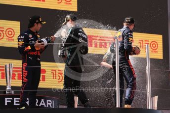 World © Octane Photographic Ltd. Formula 1 – Spanish Grand Prix - Circuit de Barcelona-Catalunya. Sunday 22nd May 2022 Podium. Oracle Red Bull Racing RB18 – Max Verstappen and Sergio Perez with Mercedes-AMG Petronas F1 Team F1 W13 - George Russell.