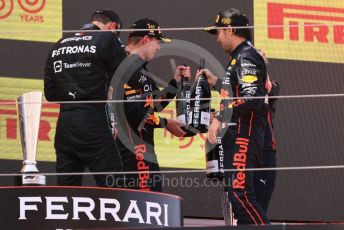 World © Octane Photographic Ltd. Formula 1 – Spanish Grand Prix - Circuit de Barcelona-Catalunya. Sunday 22nd May 2022 Podium. Oracle Red Bull Racing RB18 – Max Verstappen and Sergio Perez with Mercedes-AMG Petronas F1 Team F1 W13 - George Russell.