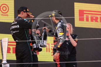 World © Octane Photographic Ltd. Formula 1 – Spanish Grand Prix - Circuit de Barcelona-Catalunya. Sunday 22nd May 2022 Podium. Oracle Red Bull Racing RB18 – Max Verstappen and Sergio Perez with Mercedes-AMG Petronas F1 Team F1 W13 - George Russell.