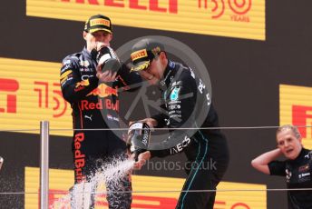 World © Octane Photographic Ltd. Formula 1 – Spanish Grand Prix - Circuit de Barcelona-Catalunya. Sunday 22nd May 2022 Podium. Oracle Red Bull Racing RB18 – Max Verstappen and Mercedes-AMG Petronas F1 Team F1 W13 - George Russell.