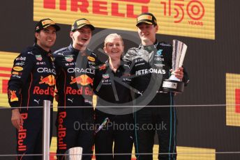 World © Octane Photographic Ltd. Formula 1 – Spanish Grand Prix - Circuit de Barcelona-Catalunya. Sunday 22nd May 2022 Podium. Oracle Red Bull Racing RB18 – Max Verstappen and Sergio Perez with Mercedes-AMG Petronas F1 Team F1 W13 - George Russell.