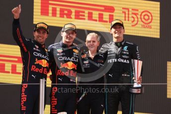 World © Octane Photographic Ltd. Formula 1 – Spanish Grand Prix - Circuit de Barcelona-Catalunya. Sunday 22nd May 2022 Podium. Oracle Red Bull Racing RB18 – Max Verstappen and Sergio Perez with Mercedes-AMG Petronas F1 Team F1 W13 - George Russell.