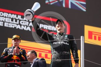 World © Octane Photographic Ltd. Formula 1 – Spanish Grand Prix - Circuit de Barcelona-Catalunya. Sunday 22nd May 2022 Podium. Oracle Red Bull Racing RB18 – Max Verstappen and Mercedes-AMG Petronas F1 Team F1 W13 - George Russell.