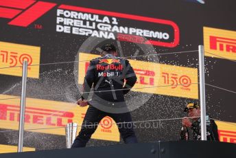 World © Octane Photographic Ltd. Formula 1 – Spanish Grand Prix - Circuit de Barcelona-Catalunya. Sunday 22nd May 2022 Podium. Oracle Red Bull Racing RB18 – Max Verstappen and Mercedes-AMG Petronas F1 Team F1 W13 - George Russell.