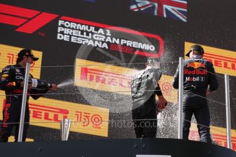 World © Octane Photographic Ltd. Formula 1 – Spanish Grand Prix - Circuit de Barcelona-Catalunya. Sunday 22nd May 2022 Podium. Oracle Red Bull Racing RB18 – Max Verstappen and Sergio Perez with Mercedes-AMG Petronas F1 Team F1 W13 - George Russell.