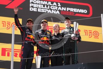 World © Octane Photographic Ltd. Formula 1 – Spanish Grand Prix - Circuit de Barcelona-Catalunya. Sunday 22nd May 2022 Podium. Oracle Red Bull Racing RB18 – Max Verstappen and Sergio Perez with Mercedes-AMG Petronas F1 Team F1 W13 - George Russell.