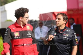 World © Octane Photographic Ltd. Formula 1 – Spanish Grand Prix - Circuit de Barcelona-Catalunya. Friday 20th May 2022 Paddock. Mattia Binotto, Principal of the Scuderia Ferrari chats with Oracle Red Bull Racing Technical Director Pierre Wache