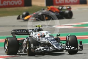 World © Octane Photographic Ltd. Formula 1 – Spanish Grand Prix - Circuit de Barcelona-Catalunya. Friday 20th May 2022 Practice 1. Scuderia AlphaTauri AT03 - Yuki Tsunoda. and Oracle Red Bull Racing RB18 – Max Verstappen.