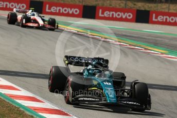 World © Octane Photographic Ltd. Formula 1 – Spanish Grand Prix - Circuit de Barcelona-Catalunya. Saturday 21st May 2022 Qualifying. Aston Martin Aramco Cognizant F1 Team AMR22 - Lance Stroll and Haas F1 Team VF-22 - Mick Schumacher.
