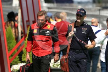 World © Octane Photographic Ltd. Formula 1 – Spanish Grand Prix - Circuit de Barcelona-Catalunya. Saturday 21st May 2022 Paddock. Oracle Red Bull Racing - Adrian Newey and Scuderia Ferrari Gino Rosato.