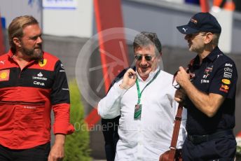 World © Octane Photographic Ltd. Formula 1 – Spanish Grand Prix - Circuit de Barcelona-Catalunya. Saturday 21st May 2022 Paddock. Oracle Red Bull Racing Chief Technical Officer - Adrian Newey and Scuderia Ferrari Gino Rosato with Louis Camileri (ex-CEO Ferrari)