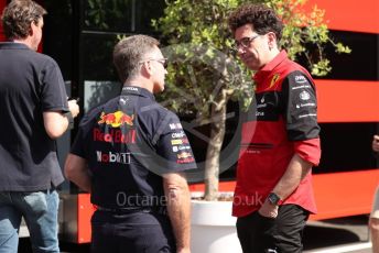 World © Octane Photographic Ltd. Formula 1 – Spanish Grand Prix - Circuit de Barcelona-Catalunya. Saturday 21st May 2022 Paddock. Oracle Red Bull Racing Team Principal - Christian Horner and Scuderi Ferrari Team Principal - Mattia Binotto.