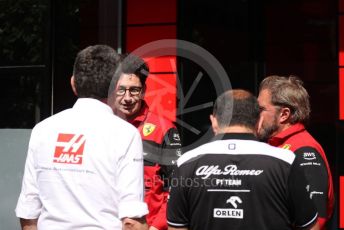 World © Octane Photographic Ltd. Formula 1 – Spanish Grand Prix - Circuit de Barcelona-Catalunya. Sunday 22nd May 2022 Paddock. Scuderia Ferrari Deputy Team Principal and Racing Director Laurent Mekies, Haas F1 Team Team Principal Guenther Steiner and Alfa Romeo F1 Team Orlen Managing Director and CEO/Team Principal Frederic Vasseur