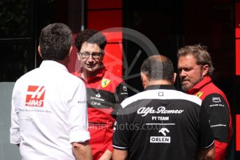 World © Octane Photographic Ltd. Formula 1 – Spanish Grand Prix - Circuit de Barcelona-Catalunya. Sunday 22nd May 2022 Paddock. Scuderia Ferrari Deputy Team Principal and Racing Director Laurent Mekies, Haas F1 Team Team Principal Guenther Steiner and Alfa Romeo F1 Team Orlen Managing Director and CEO/Team Principal Frederic Vasseur