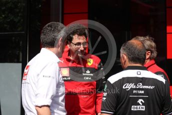 World © Octane Photographic Ltd. Formula 1 – Spanish Grand Prix - Circuit de Barcelona-Catalunya. Sunday 22nd May 2022 Paddock. Scuderia Ferrari Deputy Team Principal and Racing Director Laurent Mekies, Haas F1 Team Team Principal Guenther Steiner and Alfa Romeo F1 Team Orlen Managing Director and CEO/Team Principal Frederic Vasseur