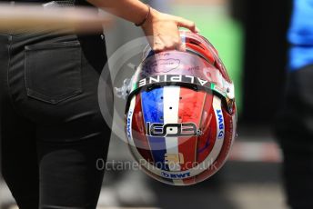 World © Octane Photographic Ltd. Formula 1 – Spanish Grand Prix - Circuit de Barcelona-Catalunya. Thursday 19th May 2022 Paddock. BWT Alpine F1 Team A522 - Esteban Ocon's new helmet design.