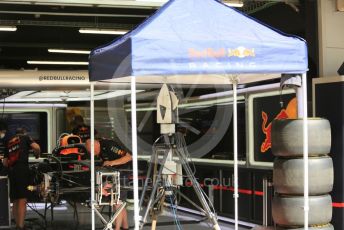 World © Octane Photographic Ltd. Formula 1 – Spanish Grand Prix - Circuit de Barcelona-Catalunya. Thursday 19th May 2022 Pitlane. Oracle Red Bull Racing RB18 protec tion tent for the setup Leica total station