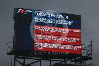 World © Octane Photographic Ltd. Bad weather warning. Friday 18th March 2016, F1 Australian GP Pit Lane, Melbourne, Albert Park, Australia. Digital Ref : 1527LB1D1601