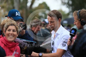 World © Octane Photographic Ltd. McLaren Honda – Jenson Button. Friday 18th March 2016, F1 Australian GP - Melbourne Walk, Melbourne, Albert Park, Australia. Digital Ref : 1527LB1D1717