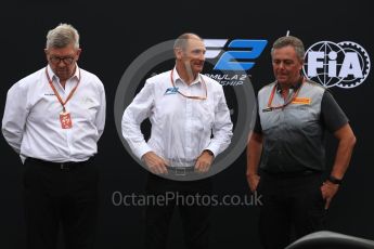 World © Octane Photographic Ltd. Formula 1 - Italian Grand Prix – FIA Formula 2 2018 Car Launch - Ross Brawn, Charlie Whiting and Mario Isola. Monza, Italy. Thursday 31st August 2017. Digital Ref: 1936LB1D0431