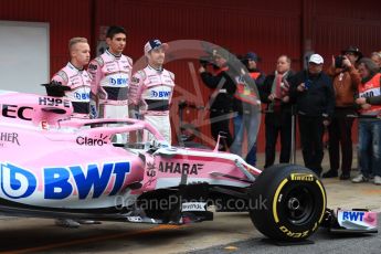 World © Octane Photographic Ltd. Formula 1 – Winter Test 1. Sahara Force India VJM11 Launch with Esteban Ocon, Sergio Perez and Nikita Mazepin. Circuit de Barcelona-Catalunya, Spain. Monday 26th February 2018.