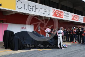 World © Octane Photographic Ltd. Formula 1 – Winter Test 1. Sahara Force India VJM11 Launch with Esteban Ocon and Sergio Perez. Circuit de Barcelona-Catalunya, Spain. Monday 26th February 2018.