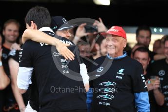 World © Octane Photographic Ltd. Mercedes AMG Petronas - Nico Rosberg, Toto Wolff and Niki Lauda. Sunday 9th October 2016, F1 Japanese GP - World Constructors Champions 2016 celebrations. Suzuka Circuit, Suzuka, Japan. Digital Ref :1738LB1D8810