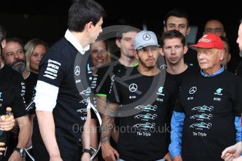 World © Octane Photographic Ltd. Mercedes AMG Petronas - Lewis Hamilton, Toto Wolff and Niki Lauda. Sunday 9th October 2016, F1 Japanese GP - World Constructors Champions 2016 celebrations. Suzuka Circuit, Suzuka, Japan. Digital Ref :1738LB1D8840