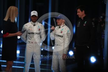 World © Octane Photographic Ltd. Formula 1 –. Mercedes AMG Petronas Motorsport AMG F1 W09 EQ Power+ launch, Lewis Hamilton, Valtteri Bottas and Toto Wolff (Team Principal and CEO) – Silverstone, UK. Thursday 22nd February 2018. Digital Ref :2020LB1D8102