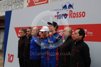 World © Octane Photographic Ltd. Formula 1 – Winter Test 1. Scuderia Toro Rosso STR13 Car Launch with Brendon Hartley, Pierre Gasly, Franz Tost and Honda representatives. Circuit de Barcelona-Catalunya, Spain. Monday 26th February 2018.