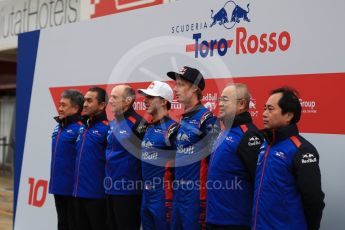 World © Octane Photographic Ltd. Formula 1 – Winter Test 1. Scuderia Toro Rosso STR13 Car Launch with Brendon Hartley, Pierre Gasly, Franz Tost and Honda representatives. Circuit de Barcelona-Catalunya, Spain. Monday 26th February 2018.