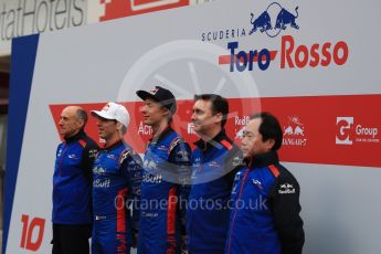 World © Octane Photographic Ltd. Formula 1 – Winter Test 1. Scuderia Toro Rosso STR13 Car Launch with Brendon Hartley, Pierre Gasly, Franz Tost, James Key and Honda representatives. Circuit de Barcelona-Catalunya, Spain. Monday 26th February 2018.